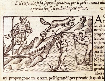 Sílécek között mozgó norvég vadászok. Olaus Magnus (1490 - 1557) svéd vallás- és földrajztudós metsze, „Historia de Gentis Septentrionalibus”, Velence alkotó: Unknown artist