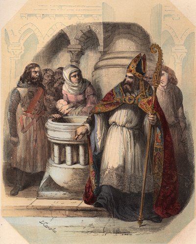 Notger (930-1008) (Liege notker), Liege eveque III. Otton (980-1002), német király megkeresztelkedése idején. Metszet 1868-ból Theodore Juste (1818-1888) „Histoire de Belgique from primitive times to the end of the regne I. Lipót” című művében. Priva alkotó: Unknown artist