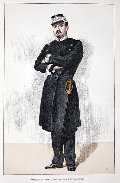 Béketiszt, Small Second Empire ruha (1852-1870). Színes rézkarc, illusztrációként: „A békefenntartók hadtestének története”” című könyv Louis Lepine (1846-1933) Szajna menti rendõrség prefektusa gondozásában jelent meg, Alfred Rey (186) alkotása. alkotó: Unknown artist