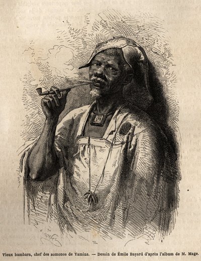 Az öreg Bambara, a Yamina (Niger) törzsfőnöke pipázik, és törzsének hagyományos főtakaróját viseli. Metszet M. Mage hadnagy nyugat-szudáni utazásának illusztrálására, 1863-1866 között, megjelent a „Le tour du monde, nouveau jour” alkotó: Unknown artist