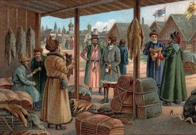 Régi bevásárlóközpontok: Szőrmevásár Novgorodban (Veliky Novgorod), Oroszország a 19. században. A 19. század végének kromolitográfiája alkotó: Unknown artist