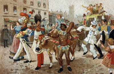 Régi szokás, amelyet az Ile de France régióban ünnepeltek: A marhahús felvonulása 1830-ban. Kromolitográfia a 19. század végén. alkotó: Unknown artist