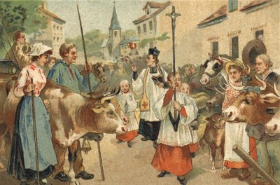 A Nivernais vidékén ünnepelt régi szokás: a csordák áldása. A 19. század végének kromolitográfiája. alkotó: Unknown artist