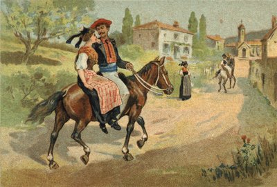 A Provence-i régióban ünnepelt régi szokás: a camarguaiak gyülekezete. A 19. század végének kromolitográfiája. alkotó: Unknown artist