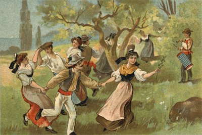 A Provence régióban ünnepelt régi szokás: a selyemhernyó-szüreti fesztiválok farandole. A 19. század végének kromolitográfiája. alkotó: Unknown artist