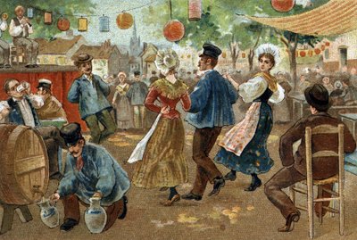 Régi szokás, amelyet Flandria régiójában ünnepelnek: Flamand Vásár. A 19. század végének kromolitográfiája. alkotó: Unknown artist