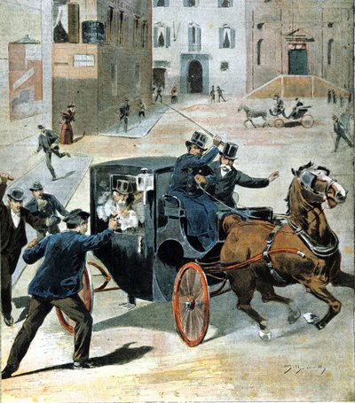 1894. június 16-án Rómában az anarchista Paolo Lega revolverrel Francesco Crispire, az Olasz Tanács elnökére lőtt. Az időszak illusztrációja. alkotó: Unknown artist