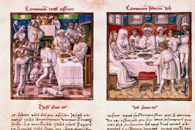 Bal oldalon 1. Assvérus (1. Xerxész) ünnepe. Jobb oldalon Jób fiainak ünnepe. Miniatűr a „” Le Miroir de l