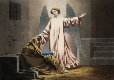 Miután kétszer megállt, Szent Pétert egy angyal szabadítja meg. Névtelen metszet a 19. század közepéről. alkotó: Unknown artist