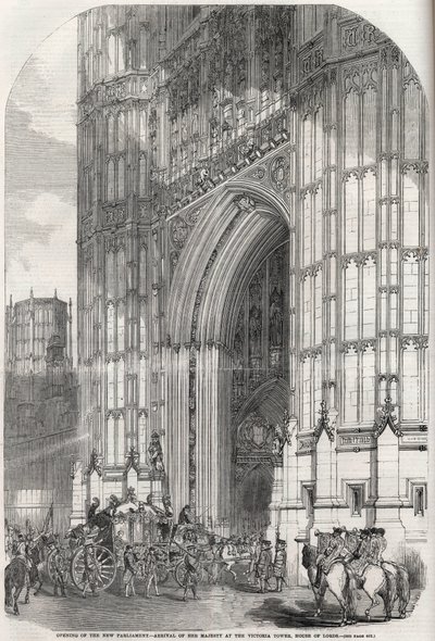 Az új parlament megnyitása – Őfelsége érkezése a Victoria-toronyhoz, a Lordok Háza 1852-ben alkotó: Unknown artist