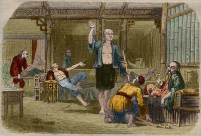 Ópiumdohányosok Kínában a 19. század közepén. Metszet 1857-ből a „Le Musee Des Sciences”-ben alkotó: Unknown artist