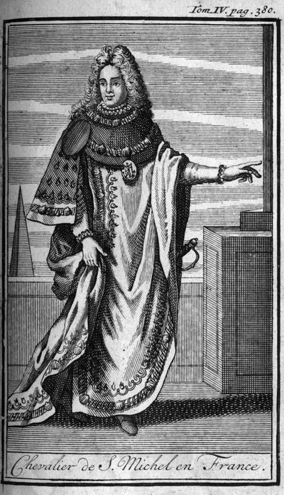 Lovagrendek. Chevalier de Saint Michel Franciaországban a 15. században. A „” A katonai rendek vagy lovagok, mindkét nem biztonságos és rutinszerű milíciáinak történetében, amelyek eddig létrejöttek. A kiadás: Abbe Giustiniani, R.P.Bonani, M alkotó: Unknown artist