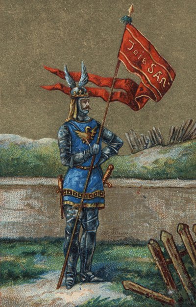 Oriflame vagy V. Károly francia király (1364-1380) zászlója. 19. századi kromolitográfia. alkotó: Unknown artist