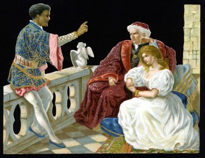 Othello, Desdemona és Iago – Othelloban vagy a velencei mórban”” Shakespeare (1604). századi kromolitográfiája.” alkotó: Unknown artist