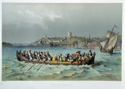 Oszmán Birodalom: omnibusz hajó Konstantinápolyban (Isztambul). századi litográfia. Dekoratív művészet, Párizs alkotó: Unknown artist
