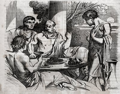 Szabadtéri bankettjelenet – Vitellius (Aulus Vitellius Germanicus Imperator Augustus) római császár (15-69) lakomát ad – metszet a „” The Universal Health – Medical Guide for Families”-be” 1852 alkotó: Unknown artist