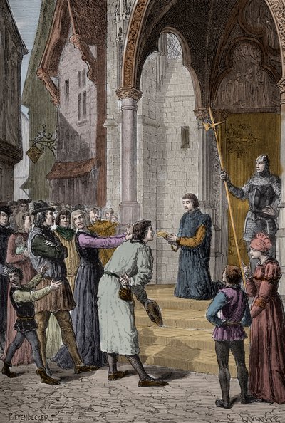 PERKIN WARBECK (c1474-1499) flamand szélhámos; Richardnak, York hercegének vallotta magát, Edward Iv második fiának – a londoni Westminster Hall előtt olvasva vallomását alkotó: Unknown artist