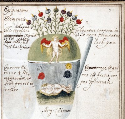 Oldal egy alkímiafüzetből, egy pár és egy angyal - Johann Grasshoff munkája (Grasshof vagy Grasse) (1560-1623), akvarell pergamenre (14,6x10 cm), 1620 körül - (Alkímiai jegyzetfüzet, J. Grasshoff akvarell pergamenre , 1620 körül) – Yale Egyetem, Ne alkotó: Unknown artist