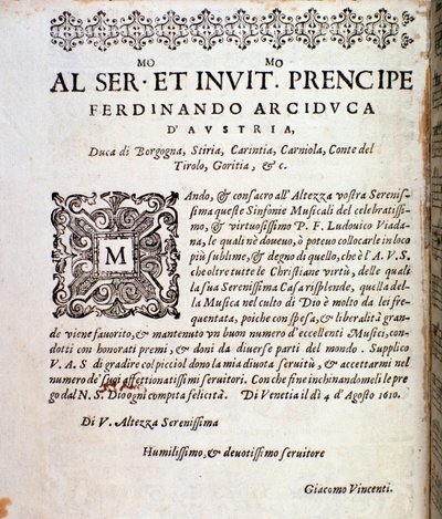 Osztrák Ferdinándnak szentelt oldal Ludovico Viadana szimfóniáiban alkotó: Unknown artist
