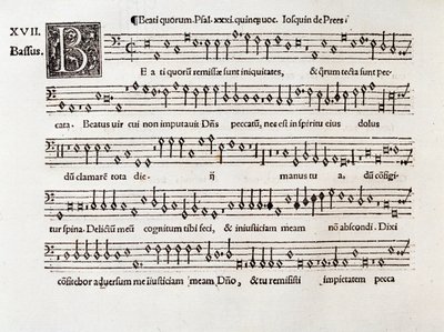 Willaert Beati quorum XIII. zsoltárának (1538) kottájának oldala alkotó: Unknown artist