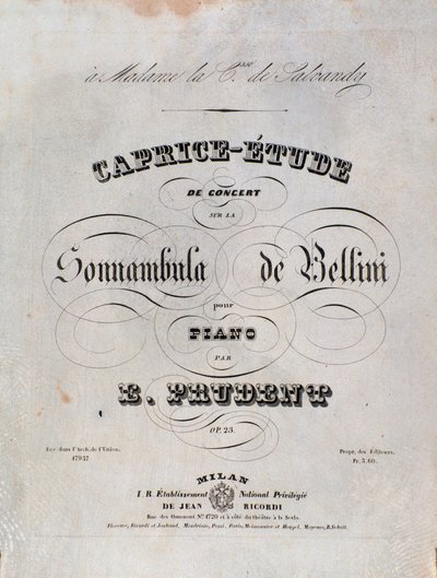 Emile Prudent zongorára írt Caprice-tanulmányának kottájának oldala Vincenzo Bellini La sonnambulája alapján alkotó: Unknown artist