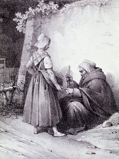Tenyérjóslás: egy idős jós egy fiatal lány kezében olvas (metszet) alkotó: Unknown artist