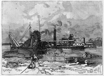 A Panama-csatorna működik. Főbb gépek: kotrógép és szelepe. Metszet a „” Le Monde Illustré”-ben alkotó: Unknown artist