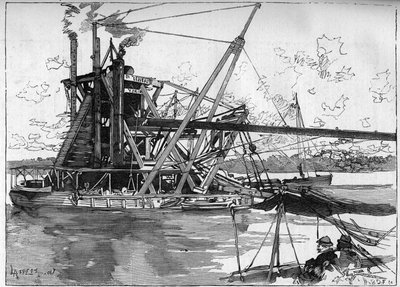 A Panama-csatorna működik. Fő gépek: a nagy amerikai kotró. Metszet a „” Le Monde Illustré”-ben alkotó: Unknown artist