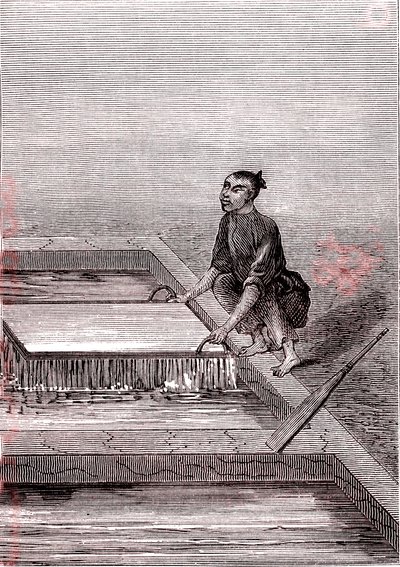 A papírpép folyékonnyá válik, papírgyártás Kínában (Kr. e. 3. század) (metszet) alkotó: Unknown Artist