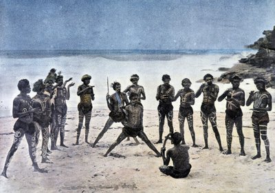 Pápua tánc a tengerparton Takapuna (Új-Guinea) falu mellett. alkotó: Unknown artist