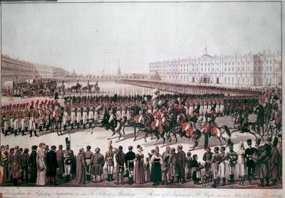Az orosz gyalogság felvonulása. Nyomtatványok a 19. század elejéről. alkotó: Unknown artist