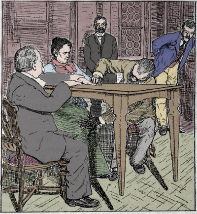 Paranormális jelenségek: 1892-ben milánói asztal emelésének tapasztalata Eusapia Paladino és Cesare Lombroso (1835-1909) és Charles Richet (1835-1909) jelenlétében. alkotó: Unknown artist