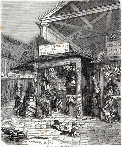 Párizs 3. kerület – Carre de la Foret-Noire: bőr- és cipőárusítás a Le Carreau du Temple-ben a 19. században – Edmond Texier „” Tableau-de-Paris” metszet alkotó: Unknown artist