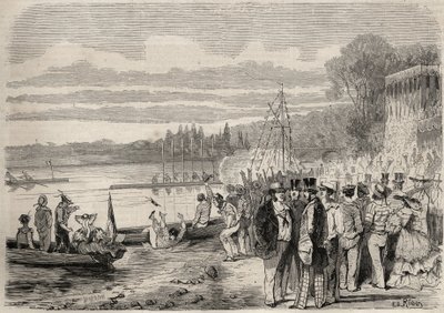 Párizsi kenusok. Regates de Saint-Cloud (Szent Felhő) 1857-ben. Metszet a „Le Monde illustrious”-ban 1857-ből. Magángyűjtemény. alkotó: Unknown artist
