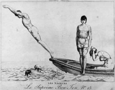 Párizsi rajzfilm: úszók, csónakból búvárkodó férfiak – a legfelsőbb Bon-Ton, n°15, Musee Carnavalet alkotó: Unknown artist