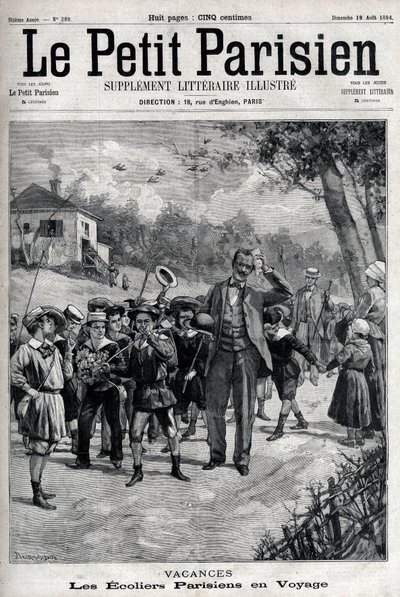 Párizsi iskolai szünet egy vidéki kiránduláson. Metszet a „Le Parisien”-ben alkotó: Unknown artist