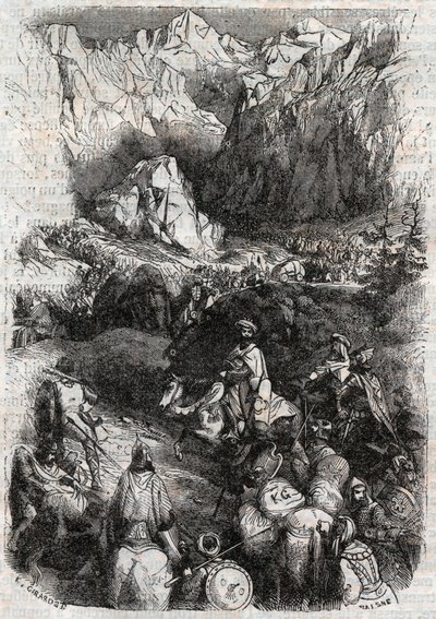 A Pireneusok átvonulása a mórok által – 1851-es metszet Ludovico Ariostotól (Orlando furioso) (16. század) „" Furious Roland" (Orlando furioso) -tól (16. század), Ariosta néven ismert - Tressan gróf olasz nyelvről fordított kiadása, Gustave Harvard kiadása alkotó: Unknown artist