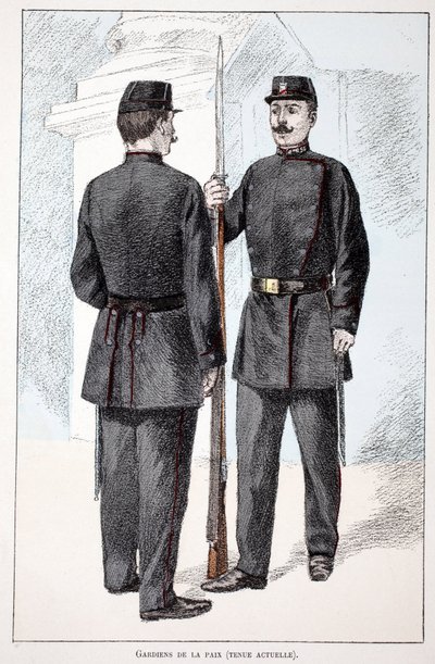 Békefenntartók (Lepin-korszak). Színes rézkarc, illusztrációként „” A békefenntartók hadtestének története”” című könyv Louis Lepine (1846-1933) Szajna-menti rendészeti prefektus gondozásában jelent meg Alfred Rey (1864-?) és Louis Feron (1862) gondozásába alkotó: Unknown artist