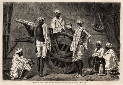 Parasztok Scindből (Punjab régió, India), a mezőgazdasági gépeik mellett. Metszet a panddzsábi és kasmíri utazás szemléltetésére, Guillaume Lejean története 1866-ban, a „Le tour du monde, nouveau Journal des voyages” című folyóiratban, a direktiva alatt. alkotó: Unknown artist