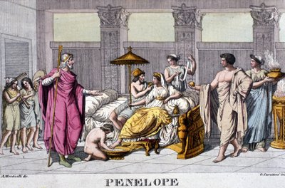 Penelope a palotájában. 19. századi metszet. alkotó: Unknown artist