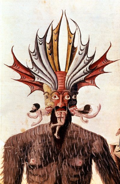 Lucifer (ördög) előadása Dante „Divina Commedia” című művében. 14. századi kézirat. Trivulziana Könyvtár, Milánó. alkotó: Unknown artist