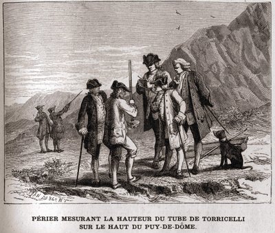 Evangelista Torricelli vagy Toricelli Barométer (higanycső) magasságát mérő perier a Puy-de-Dôme tetején 1618. szeptember 20-án, 19. századi metszet, Bianchetti-gyűjtemény. alkotó: Unknown artist
