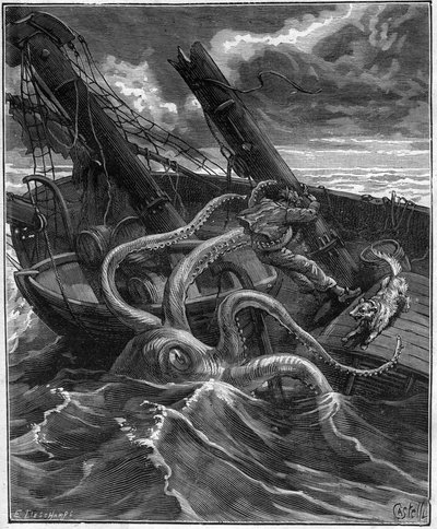 Narcissus Nicaise veszedelmes kalandjai Kongóban - Armand Dubarry 1836-1910 - előtte volt egy félelmetes tengeri szörny (Óriás polip) (Óriás polip) - metszet a Journal des voyage de 1881-ben - alkotó: Unknown artist