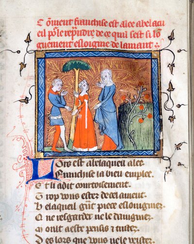 ""Karakterek a beszélgetésben"" Megvilágított oldal Guillaume de Lorris (1200-1238 körül) és Jean de Meun (Meung) (1240-1305) "Le Roman de la Rose"" kéziratából, 1365 Chicago Egyetemi Könyvtár államok körül Egyesült alkotó: Unknown artist