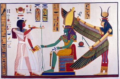 IV. Ramszesz fáraó ajánlatokat tesz Ptah-Sokari-Osirisnek. Ozirisz mögött Ízisz áll. (Bibah-el-Moluk sírja) - Ippolito Rosellini (Rossellini) „”Egyiptom és Felső-Núbia emlékművei”-ben. alkotó: Unknown artist