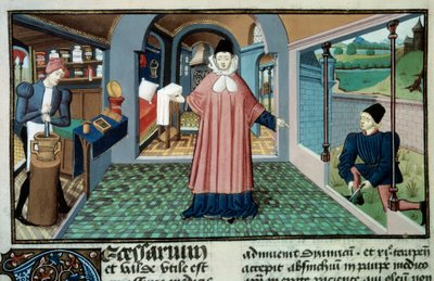 Gyógyszertár: "" Patika, a növények szedése és a gyógyszerek elkészítése"" Miniatűr Bernard de Gordon "" L