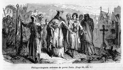 Philippe Auguste elrendeli Párizs burkolatát a 12. században - metszet alkotó: Unknown artist