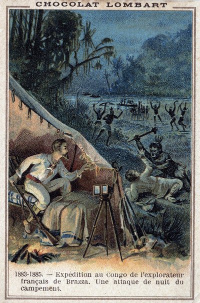 Pierre Savorgnan de Brazza (1852-1905), francia felfedező, a Kongó partján. A tábor éjszakai támadása. alkotó: Unknown artist