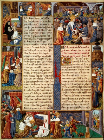 Piete jelenet: „” IX. Lajos király (1214-1270) (Szent Lajos) a szegények lábát mossa, a király imádkozik és a keresztény szeretet jelenetei a királytól”” Miniatűr kéziratból „” Monsignor Saint tények könyve Lajos”” 15. század. Paris, B.N alkotó: Unknown artist
