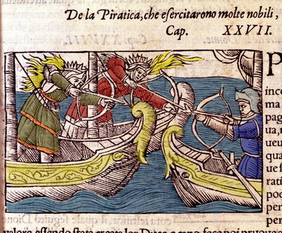 A kalózkodást sok skandináv nemes nő gyakorolta. Metszet a „Historia de gentium septentrionalium”-ból, Olaus Magnus, Velence, 1567. alkotó: Unknown artist